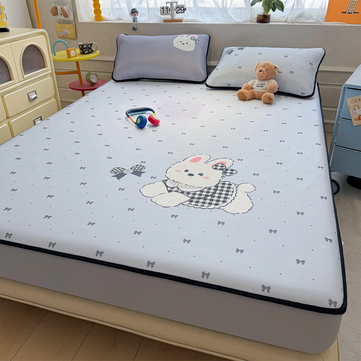 91家纺网 家纺一手货源 找家纺 雯豆家纺 【10A抗菌包检测】2026新款小冰皮床笠大版卡通床笠夏季凉感床笠软席子 小冰皮床笠-香香兔