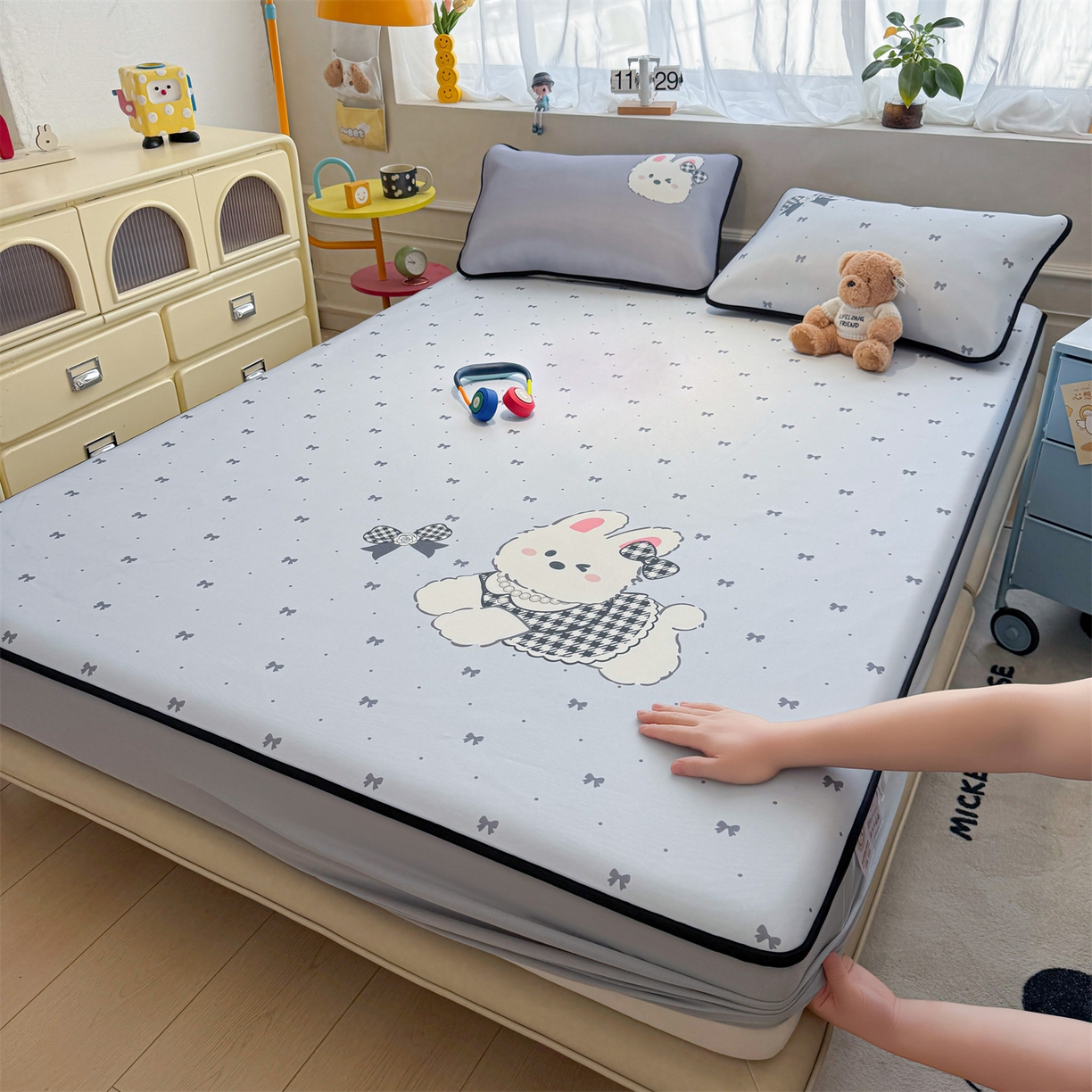 91家纺网 家纺一手货源 找家纺 雯豆家纺 【10A抗菌包检测】2026新款小冰皮床笠大版卡通床笠夏季凉感床笠软席子 小冰皮床笠-香香兔