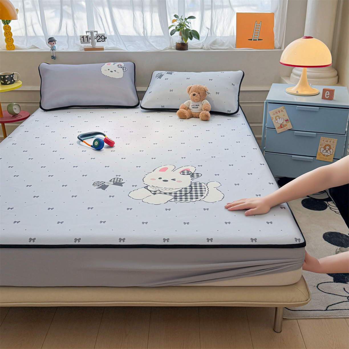 91家纺网 家纺一手货源 找家纺 雯豆家纺 【10A抗菌包检测】2026新款小冰皮床笠大版卡通床笠夏季凉感床笠软席子 小冰皮床笠-香香兔