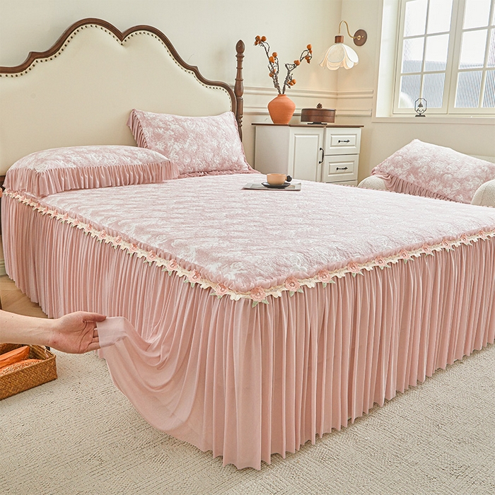 91家纺网 家纺一手货源 找家纺 （总）好儿喜家纺 2026新款A类海洋丝豆豆床裙凉席席子凉席三件套-莫奈玫瑰