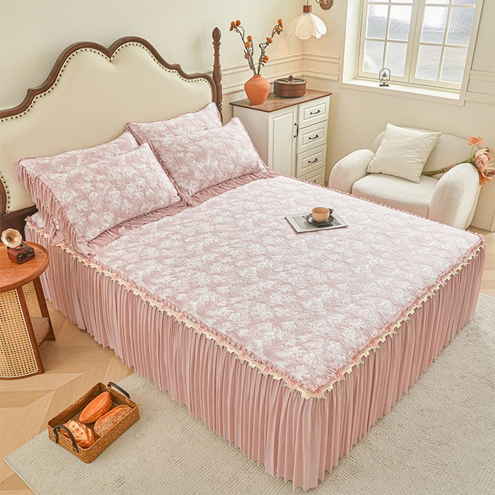 91家纺网 家纺一手货源 找家纺 （总）好儿喜家纺 2026新款A类海洋丝豆豆床裙凉席席子凉席三件套-莫奈玫瑰