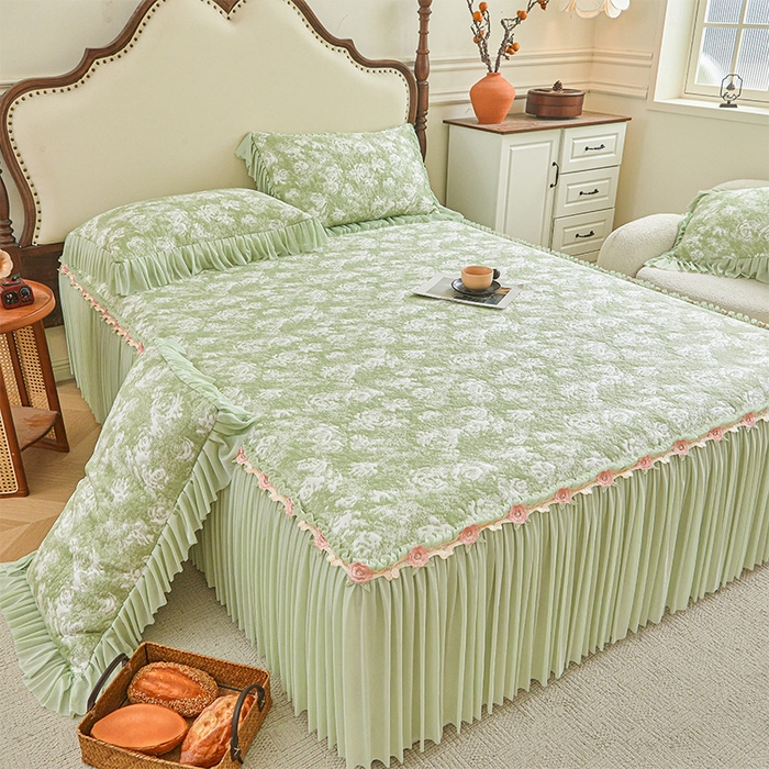 91家纺网 家纺一手货源 找家纺 （总）好儿喜家纺 2026新款A类海洋丝豆豆床裙凉席席子凉席三件套-莫奈玫瑰