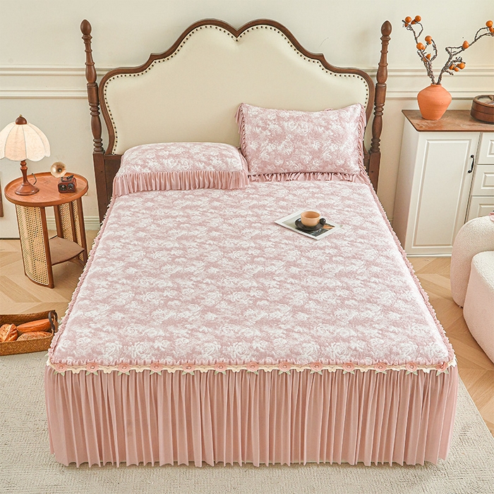 91家纺网 家纺一手货源 找家纺 （总）好儿喜家纺 2026新款A类海洋丝豆豆床裙凉席席子凉席三件套-莫奈玫瑰