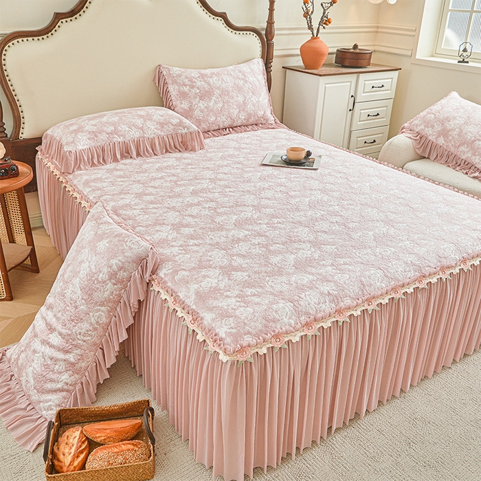 91家纺网 家纺一手货源 找家纺 （总）好儿喜家纺 2026新款A类海洋丝豆豆床裙凉席席子凉席三件套-莫奈玫瑰