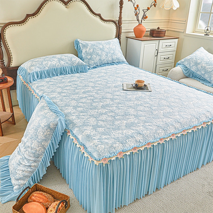 91家纺网 家纺一手货源 找家纺 （总）好儿喜家纺 2026新款A类海洋丝豆豆床裙凉席席子凉席三件套-莫奈玫瑰