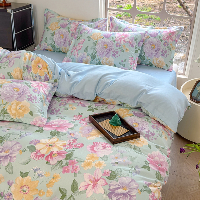 91家纺网 家纺一手货源 找家纺 （总）桔禾家纺 2026新款花卉田园风古法水洗棉高克重云柔棉四件套