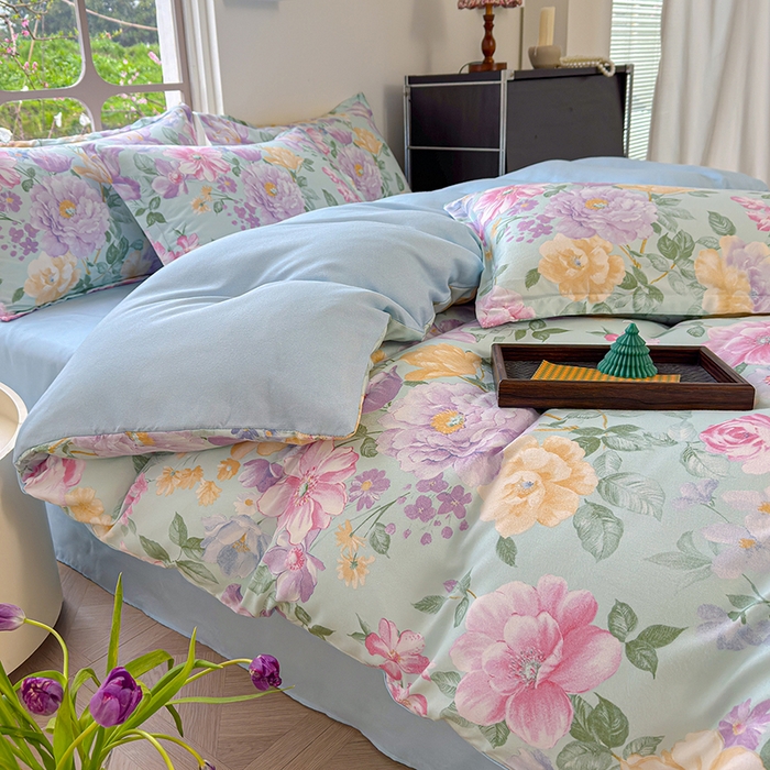 91家纺网 家纺一手货源 找家纺 （总）桔禾家纺 2026新款花卉田园风古法水洗棉高克重云柔棉四件套