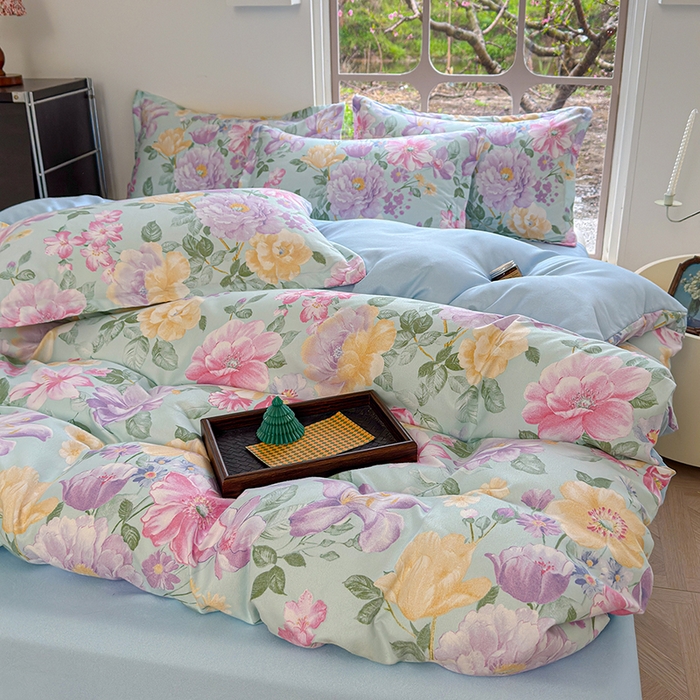 91家纺网 家纺一手货源 找家纺 （总）桔禾家纺 2026新款花卉田园风古法水洗棉高克重云柔棉四件套