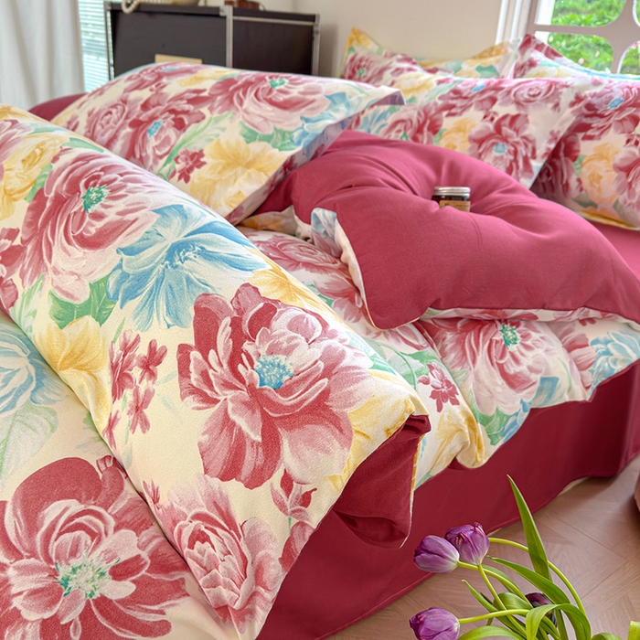 91家纺网 家纺一手货源 找家纺 （总）桔禾家纺 2026新款花卉田园风古法水洗棉高克重云柔棉四件套