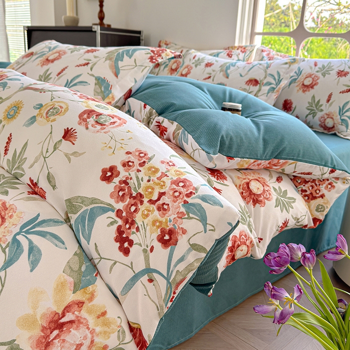 91家纺网 家纺一手货源 找家纺 （总）桔禾家纺 2026新款花卉田园风古法水洗棉高克重云柔棉四件套