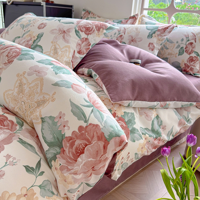 91家纺网 家纺一手货源 找家纺 （总）桔禾家纺 2026新款花卉田园风古法水洗棉高克重云柔棉四件套