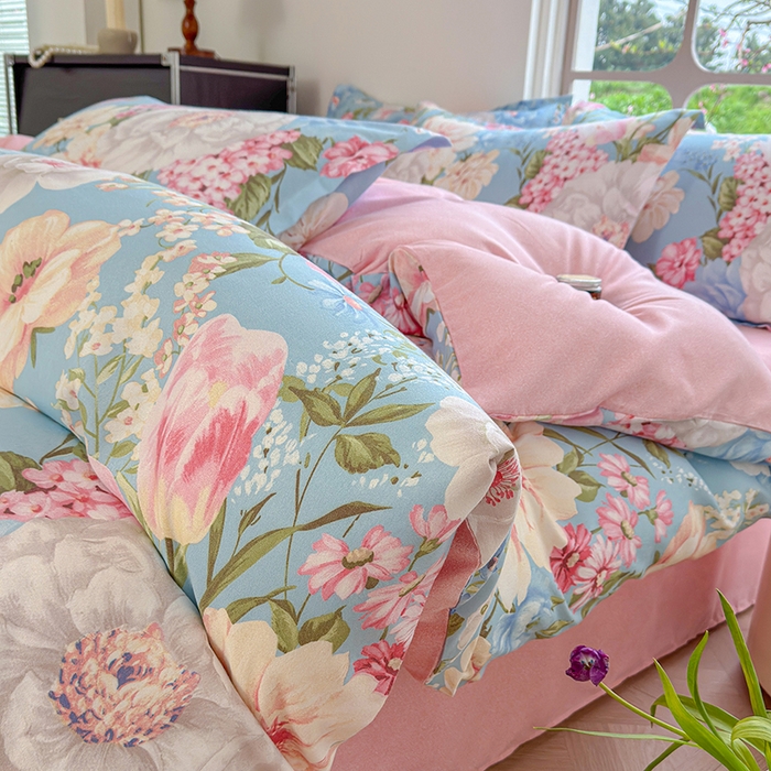 91家纺网 家纺一手货源 找家纺 （总）桔禾家纺 2026新款花卉田园风古法水洗棉高克重云柔棉四件套