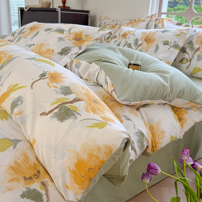 91家纺网 家纺一手货源 找家纺 （总）桔禾家纺 2026新款花卉田园风古法水洗棉高克重云柔棉四件套