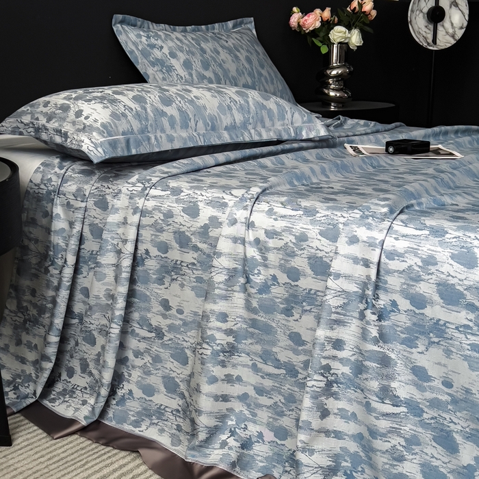 91家纺网 家纺一手货源 找家纺 印季家纺 2026新款色织提花100%竹纤维床单凉席 芷梵秋影-蓝