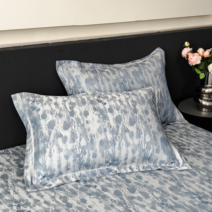 91家纺网 家纺一手货源 找家纺 印季家纺 2026新款色织提花100%竹纤维床单凉席 芷梵秋影-蓝