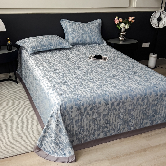 91家纺网 家纺一手货源 找家纺 印季家纺 2026新款色织提花100%竹纤维床单凉席 芷梵秋影-蓝