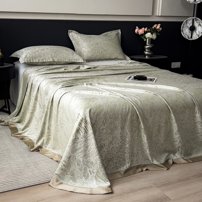 91家纺网 家纺一手货源 找家纺 印季家纺 2026新款色织提花100%竹纤维床单凉席 素叶浅吟-薄荷绿