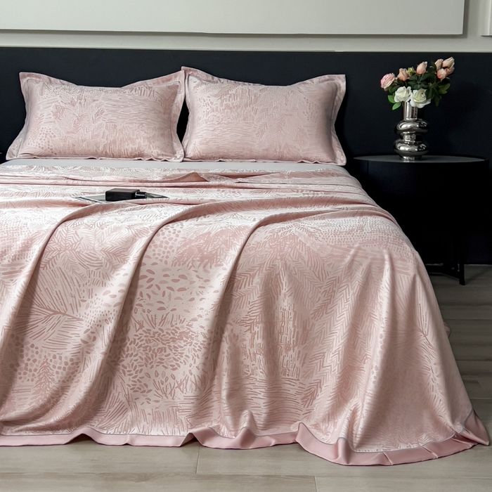 91家纺网 家纺一手货源 找家纺 印季家纺 2026新款色织提花100%竹纤维床单凉席 素叶浅吟-皮粉柔