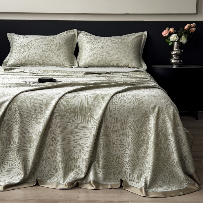 91家纺网 家纺一手货源 找家纺 印季家纺 2026新款色织提花100%竹纤维床单凉席 素叶浅吟-薄荷绿