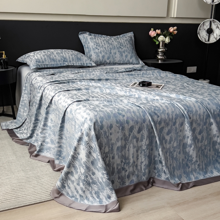 91家纺网 家纺一手货源 找家纺 印季家纺 2026新款色织提花100%竹纤维床单凉席 芷梵秋影-蓝