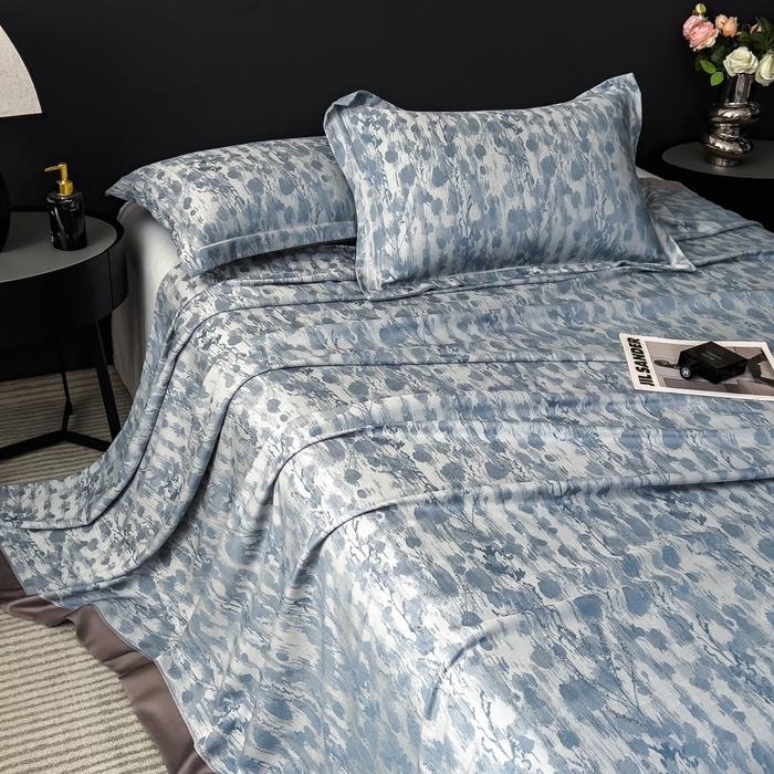 91家纺网 家纺一手货源 找家纺 印季家纺 2026新款色织提花100%竹纤维床单凉席 芷梵秋影-蓝