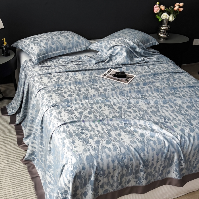 91家纺网 家纺一手货源 找家纺 印季家纺 2026新款色织提花100%竹纤维床单凉席 芷梵秋影-蓝