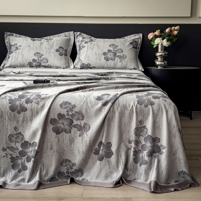 91家纺网 家纺一手货源 找家纺 印季家纺 2026新款色织提花100%竹纤维床单凉席 璎珞-乌云灰