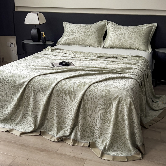 91家纺网 家纺一手货源 找家纺 印季家纺 2026新款色织提花100%竹纤维床单凉席 素叶浅吟-薄荷绿