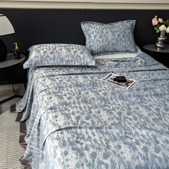 91家纺网 家纺一手货源 找家纺 印季家纺 2026新款色织提花100%竹纤维床单凉席 芷梵秋影-蓝