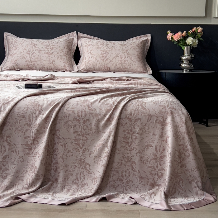 91家纺网 家纺一手货源 找家纺 印季家纺 2026新款色织提花100%竹纤维床单凉席 时光之谜-罗汉果