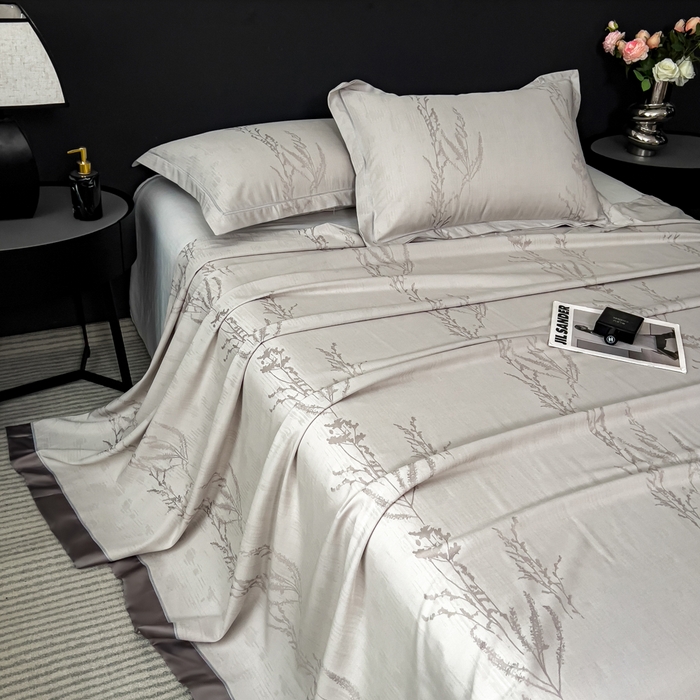 91家纺网 家纺一手货源 找家纺 印季家纺 2026新款色织提花100%竹纤维床单凉席 芷梵-银灰凋