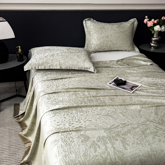 91家纺网 家纺一手货源 找家纺 印季家纺 2026新款色织提花100%竹纤维床单凉席 素叶浅吟-薄荷绿