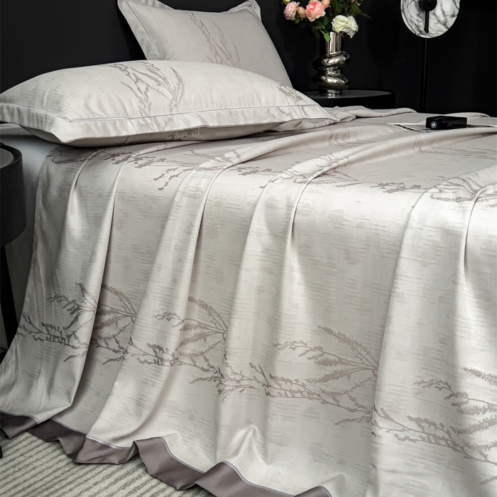 91家纺网 家纺一手货源 找家纺 印季家纺 2026新款色织提花100%竹纤维床单凉席 芷梵-银灰凋