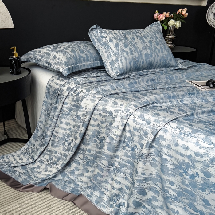 91家纺网 家纺一手货源 找家纺 印季家纺 2026新款色织提花100%竹纤维床单凉席 芷梵秋影-蓝