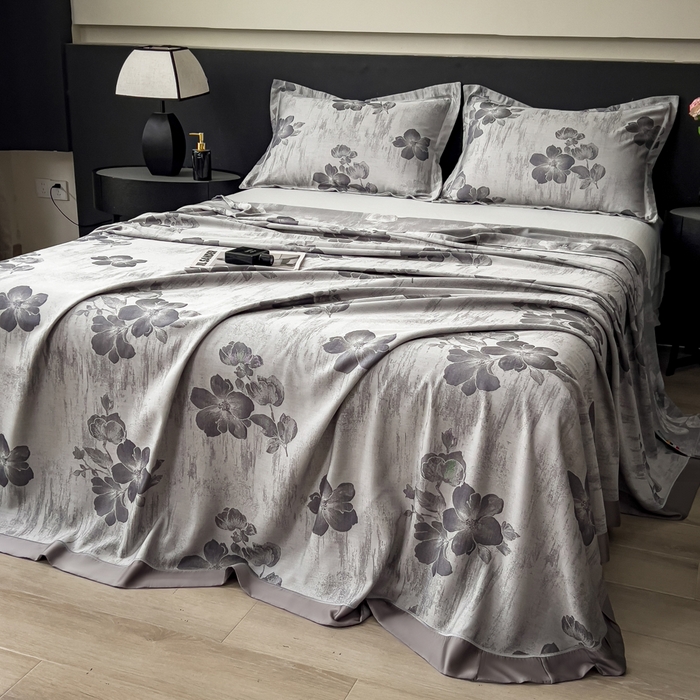 91家纺网 家纺一手货源 找家纺 印季家纺 2026新款色织提花100%竹纤维床单凉席 璎珞-乌云灰