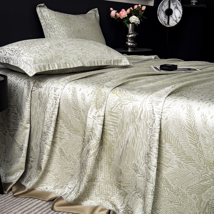 91家纺网 家纺一手货源 找家纺 印季家纺 2026新款色织提花100%竹纤维床单凉席 素叶浅吟-薄荷绿