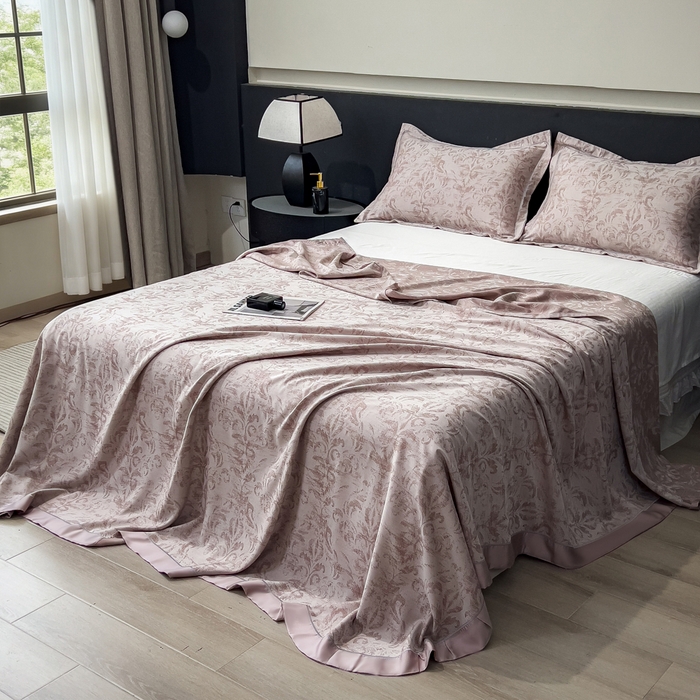 91家纺网 家纺一手货源 找家纺 印季家纺 2026新款色织提花100%竹纤维床单凉席 时光之谜-罗汉果