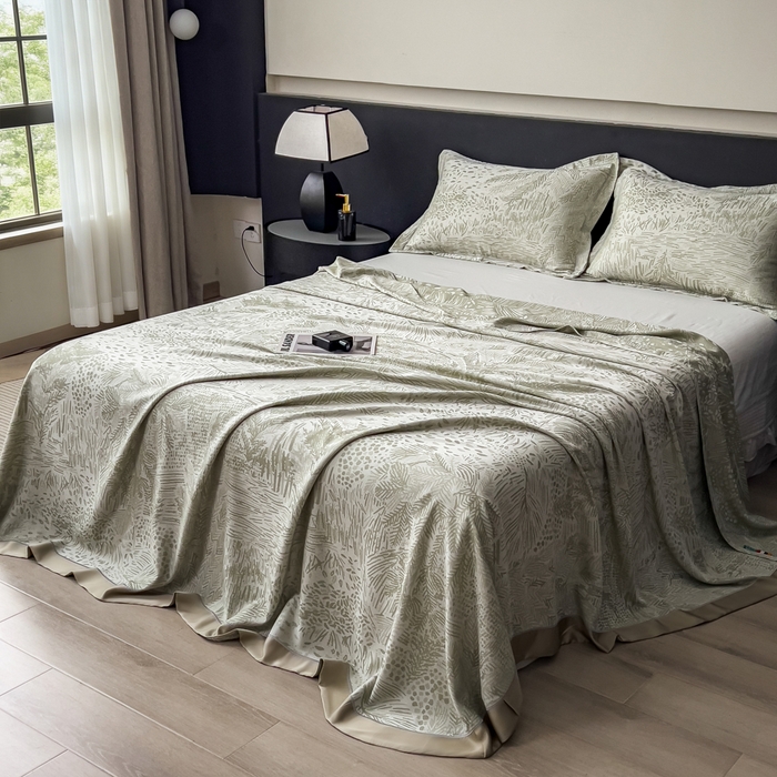 91家纺网 家纺一手货源 找家纺 印季家纺 2026新款色织提花100%竹纤维床单凉席 素叶浅吟-薄荷绿