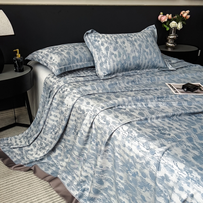 91家纺网 家纺一手货源 找家纺 印季家纺 2026新款色织提花100%竹纤维床单凉席 芷梵秋影-蓝