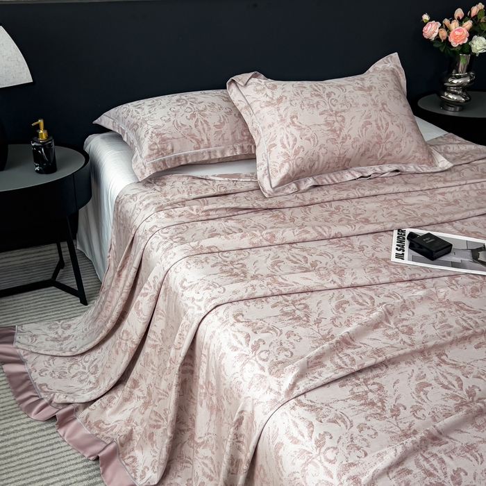 91家纺网 家纺一手货源 找家纺 印季家纺 2026新款色织提花100%竹纤维床单凉席 时光之谜-罗汉果