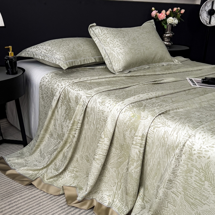 91家纺网 家纺一手货源 找家纺 印季家纺 2026新款色织提花100%竹纤维床单凉席 素叶浅吟-薄荷绿