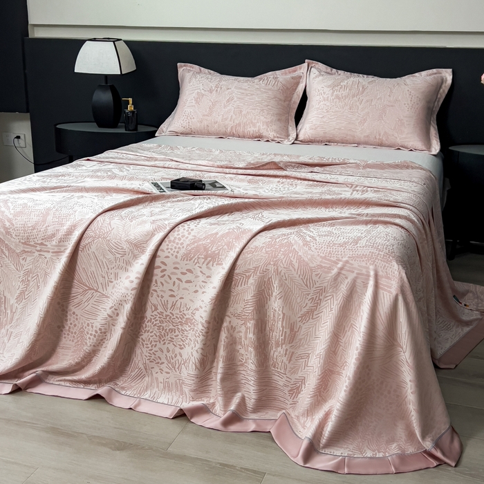 91家纺网 家纺一手货源 找家纺 印季家纺 2026新款色织提花100%竹纤维床单凉席 素叶浅吟-皮粉柔