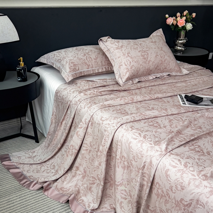 91家纺网 家纺一手货源 找家纺 印季家纺 2026新款色织提花100%竹纤维床单凉席 时光之谜-罗汉果