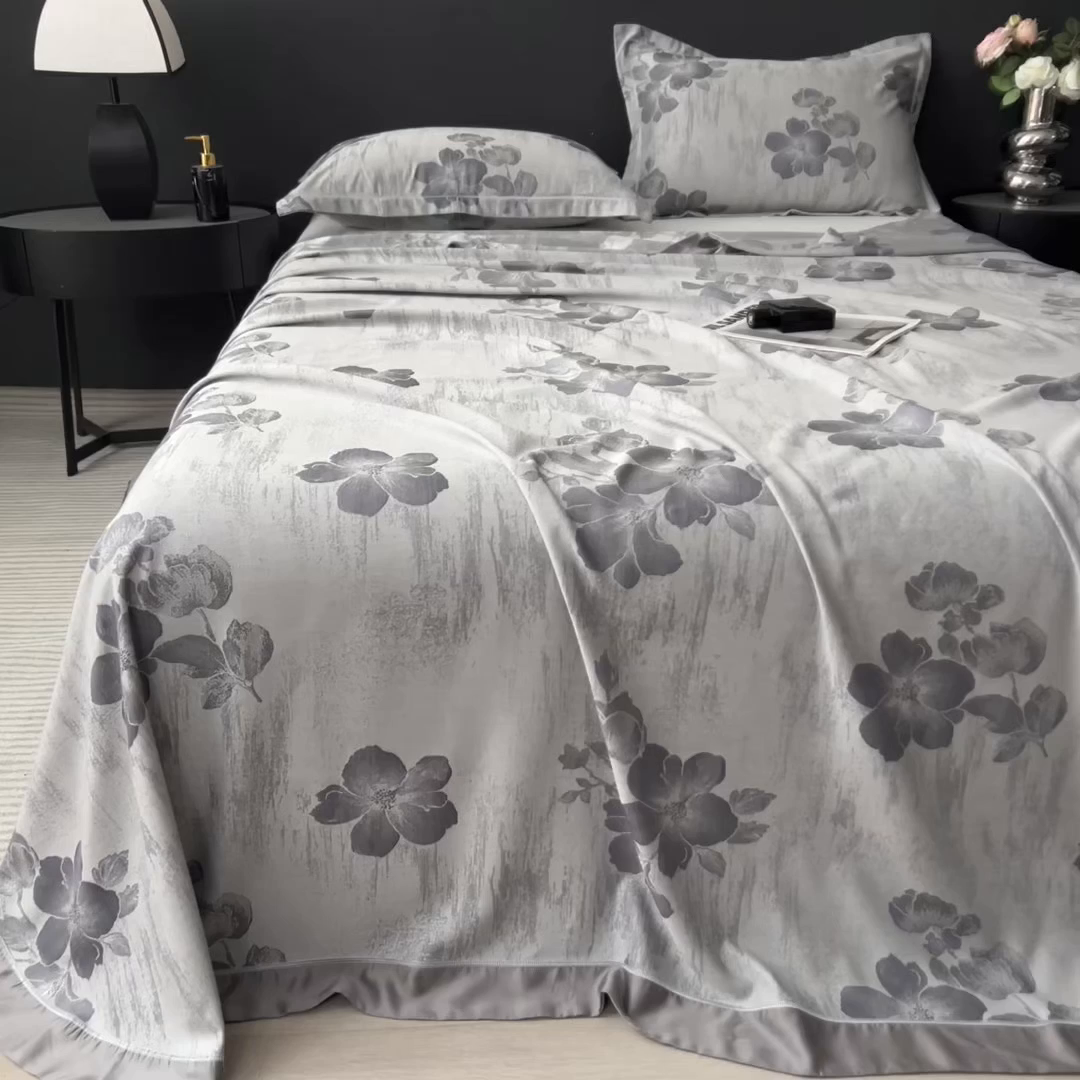 91家纺网 家纺一手货源 找家纺 印季家纺 2026新款色织提花100%竹纤维床单凉席 璎珞-乌云灰