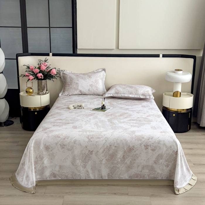 91家纺网 家纺一手货源 找家纺 印季家纺 2026新款数码印花竹纤维+莱赛尔床单凉席 情愫-米