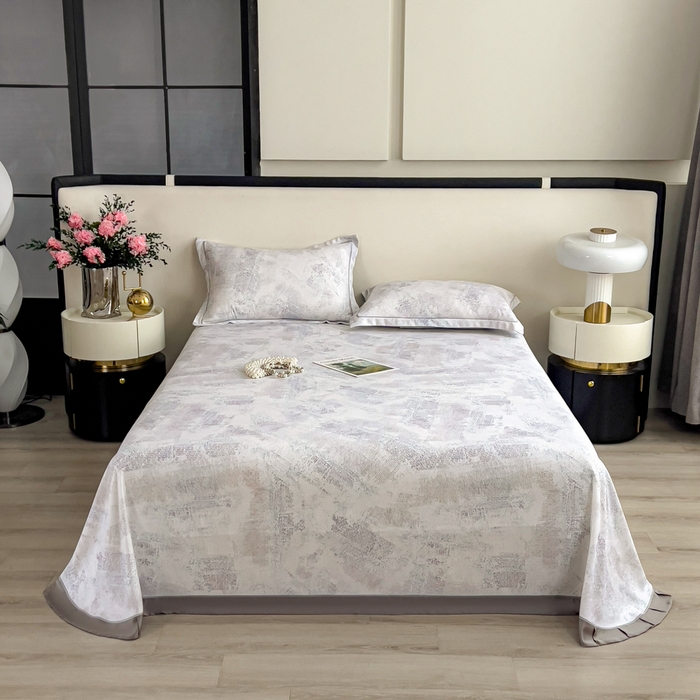 91家纺网 家纺一手货源 找家纺 印季家纺 2026新款数码印花竹纤维+莱赛尔床单凉席 情愫-灰