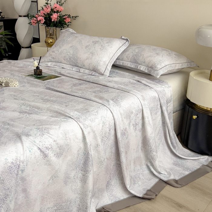 91家纺网 家纺一手货源 找家纺 印季家纺 2026新款数码印花竹纤维+莱赛尔床单凉席 情愫-灰