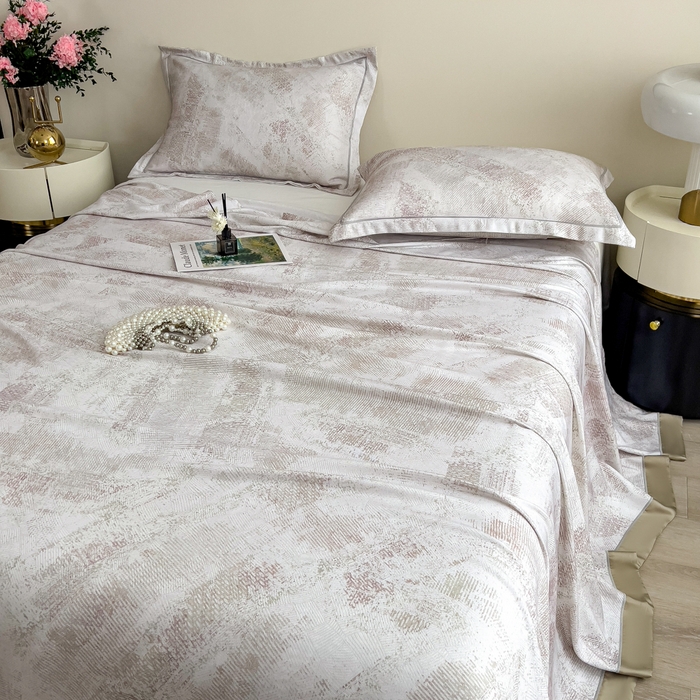 91家纺网 家纺一手货源 找家纺 印季家纺 2026新款数码印花竹纤维+莱赛尔床单凉席 情愫-米