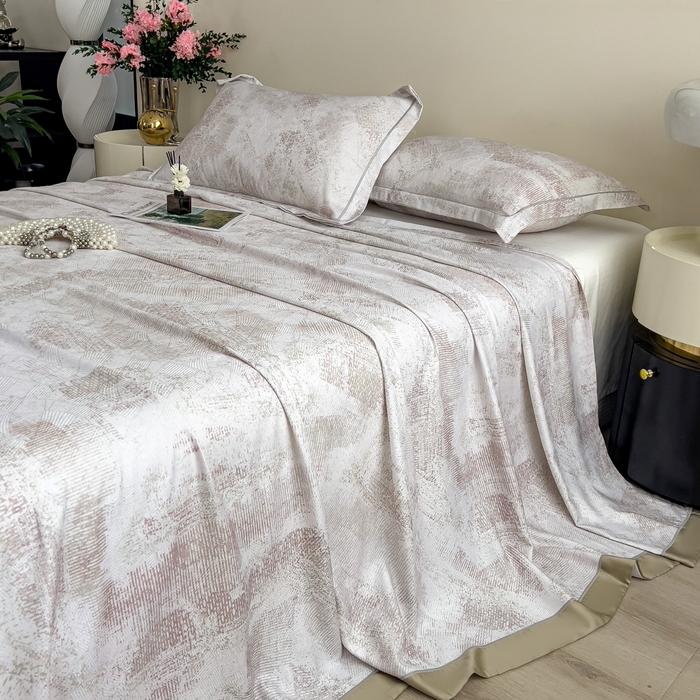 91家纺网 家纺一手货源 找家纺 印季家纺 2026新款数码印花竹纤维+莱赛尔床单凉席 情愫-米