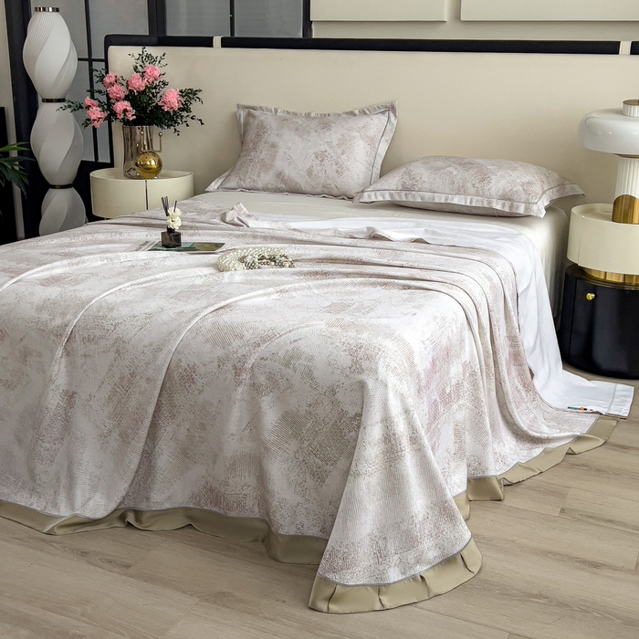 91家纺网 家纺一手货源 找家纺 印季家纺 2026新款数码印花竹纤维+莱赛尔床单凉席 情愫-米